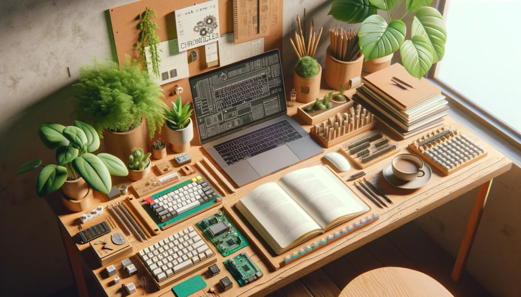 Writer's desk with microcontrollers and DIY kits and keyboards